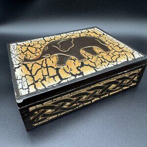 Vintage Wooden Box Elephant Keepsake Trinket Black and Gold Carved Hand painted